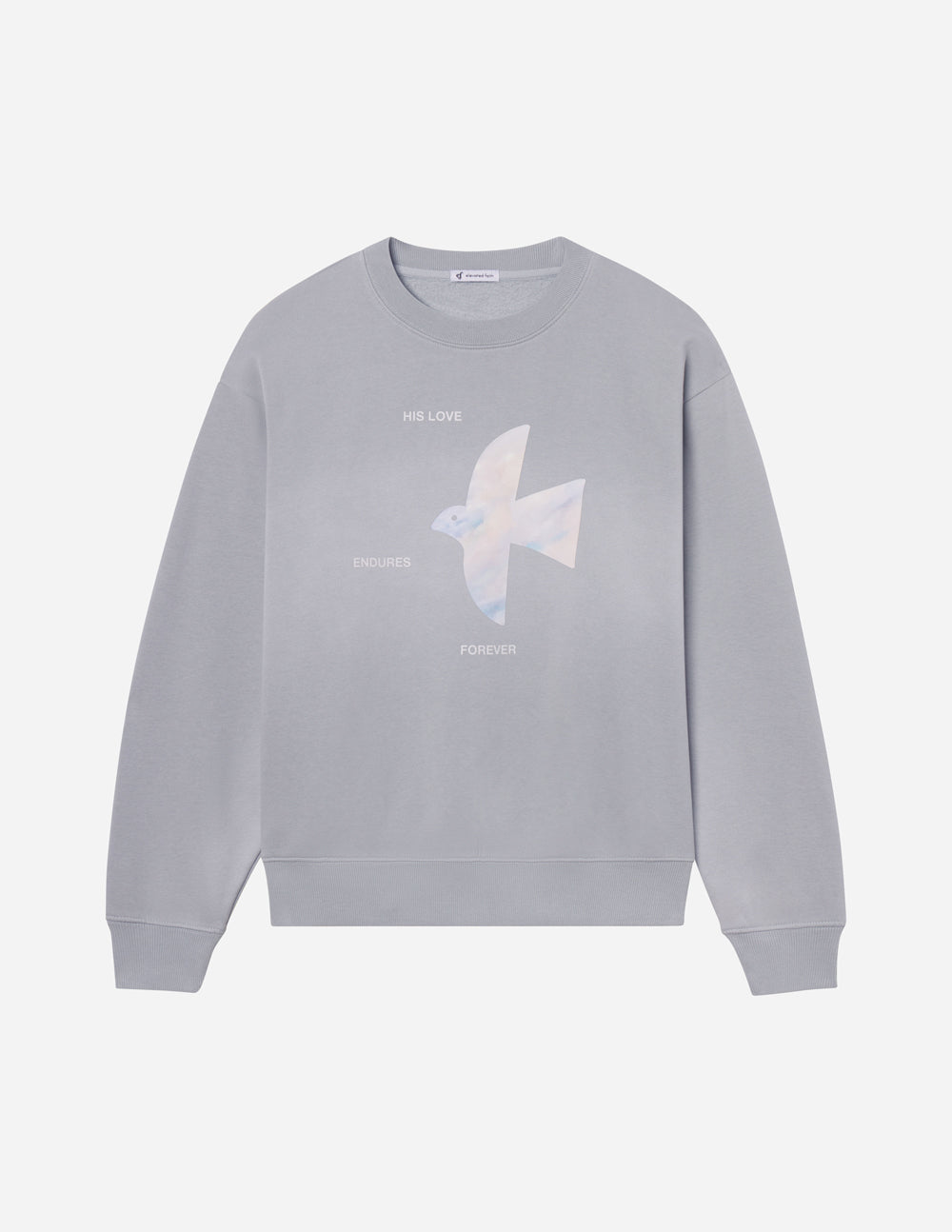 Unisex crewneck sweatshirt with "His Love Endures Forever" design by Elevated Faith, shown in a relaxed fit with soft fabric.