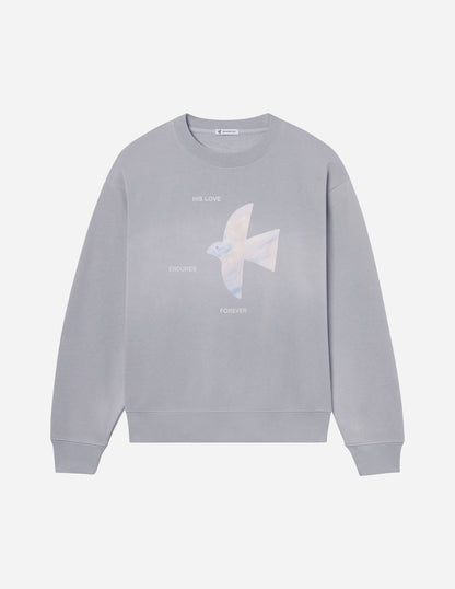 Unisex crewneck sweatshirt with "His Love Endures Forever" design by Elevated Faith, shown in a relaxed fit with soft fabric.