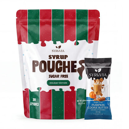 Sugar free pumpkin cookie butter syrup pouches by Syruvia, perfect for holiday baking and flavoring desserts.