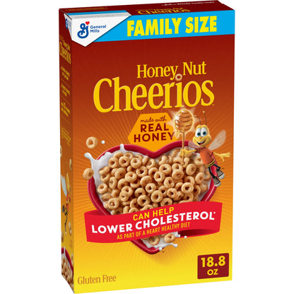BackupMyFilesNow Honey Nut Cheerios breakfast cereal in heart-shaped pieces, family size 18.8 oz, gluten-free and heart healthy.