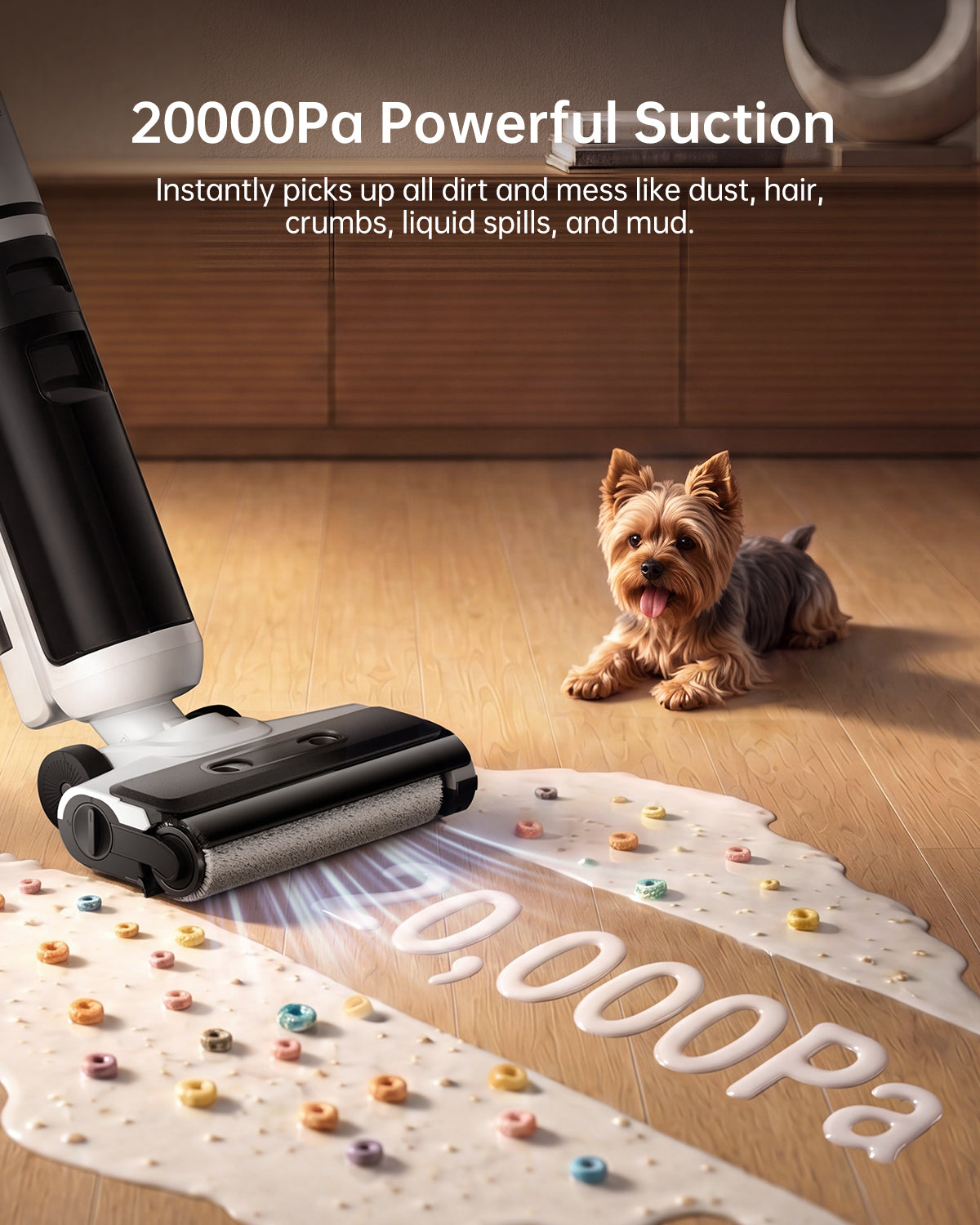 Honiture M7 multi-surface wet dry vacuum cleaner cleaning hard floors with powerful 20000pa suction.