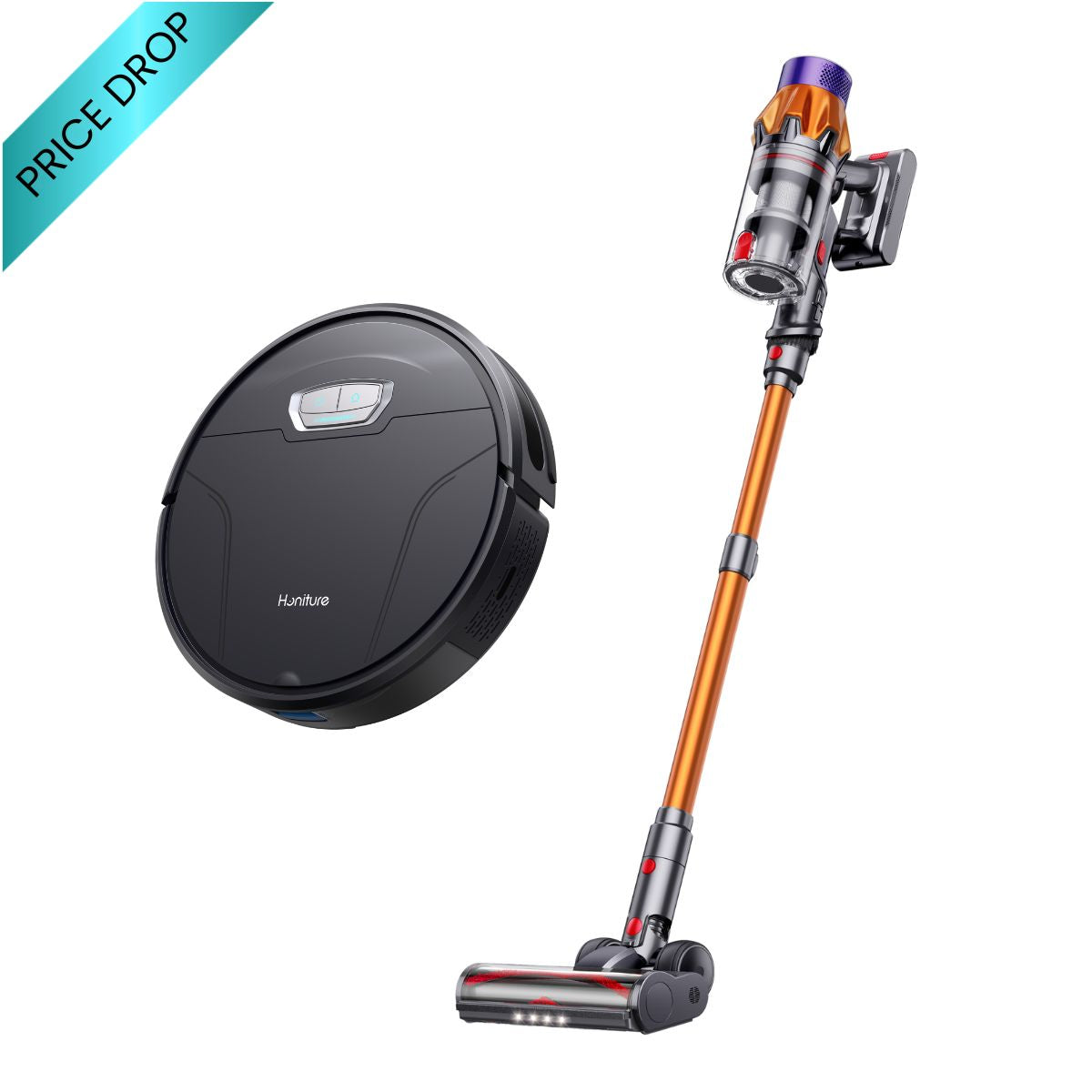 Honiture X7 cordless vacuum and G20 Pro robot vacuum cleaning bundle, showcasing both devices for home cleaning.
