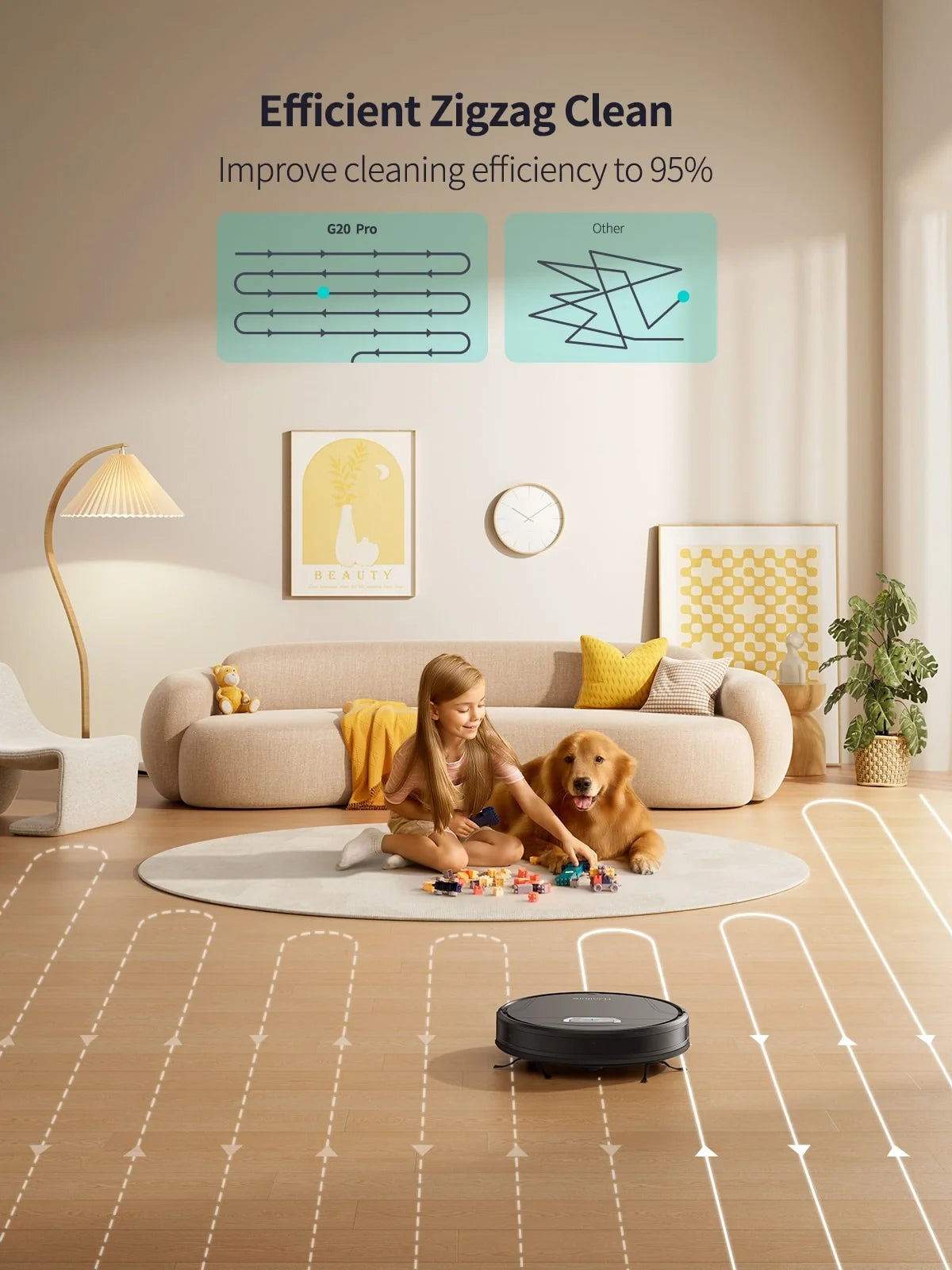 Honiture G20 Pro robot vacuum on a hardwood floor, part of the Honiture X7 + G20 Pro home cleaning bundle, with cleaning tools nearby.