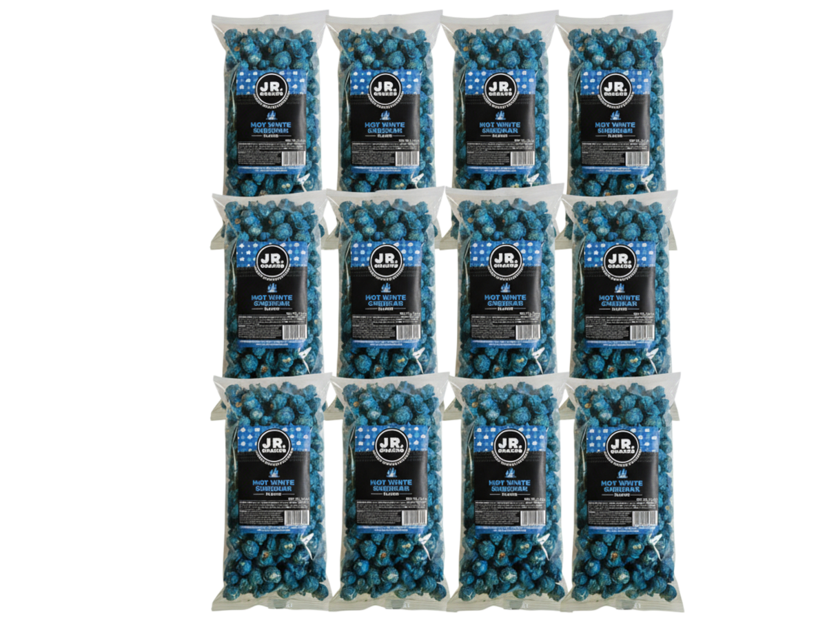 Junior Snacks Co. Hot White Cheddar snack pack featuring crispy cheese-flavored snacks in a 12-pack.