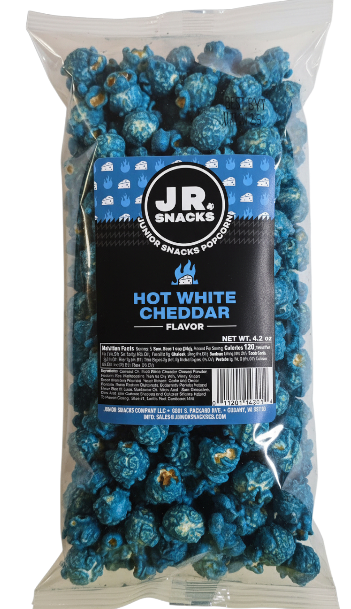 Junior Snacks Company Hot White Cheddar snack bag featuring crispy, cheesy white cheddar flavored snacks in a colorful bag.