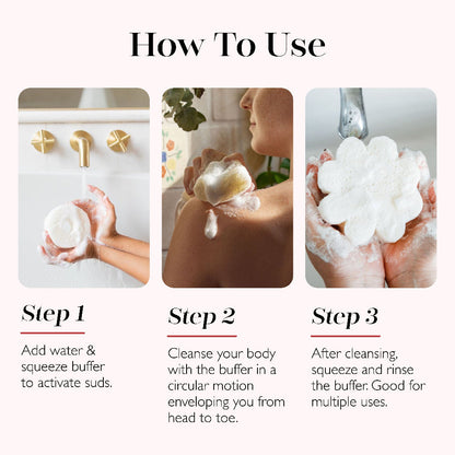 Spongellé Sunglow Suds Body Buffer infused with body wash, shown in use with instructions on how to lather and apply.