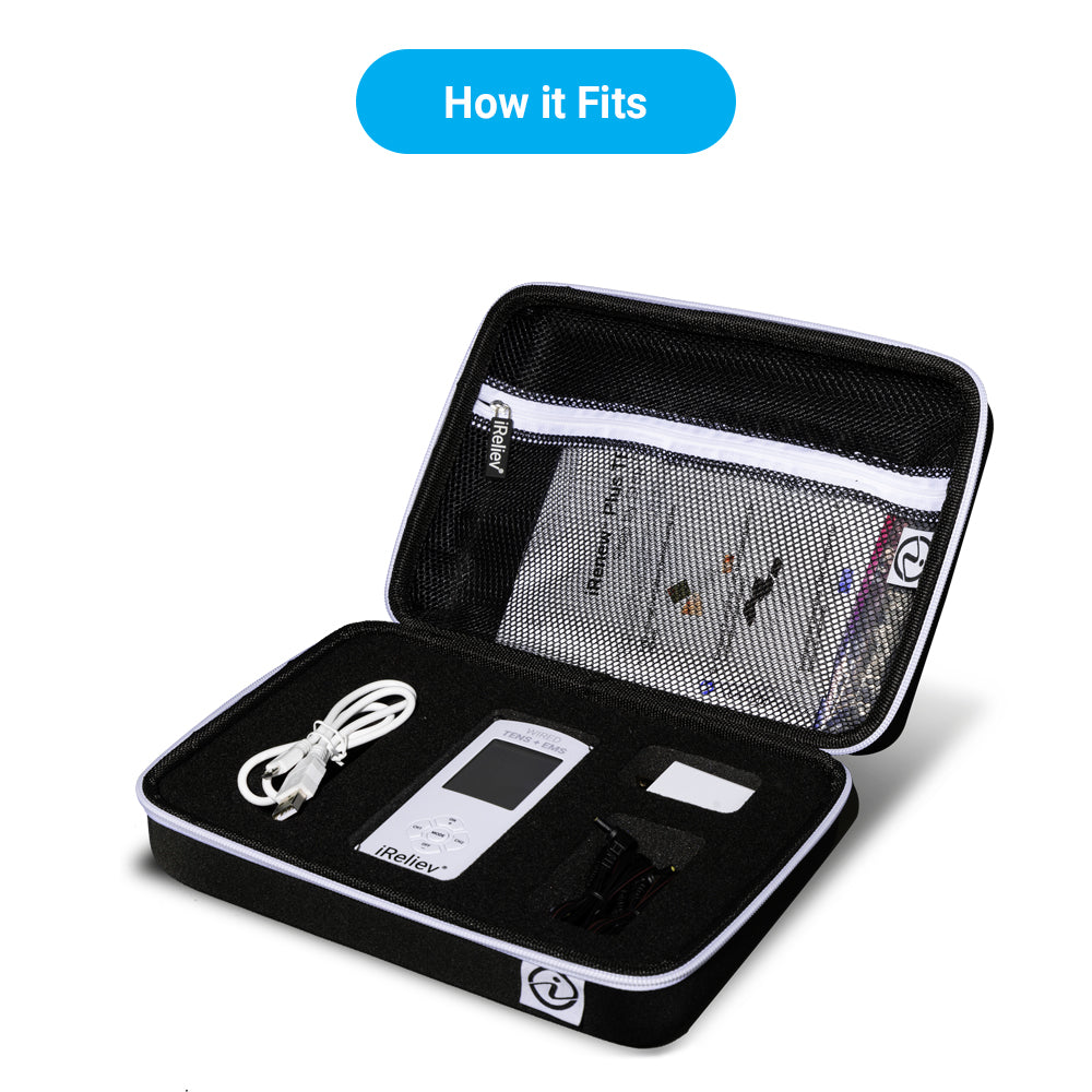 Hard protective carry case for iReliev TENS and EMS accessories, durable and secure storage solution.