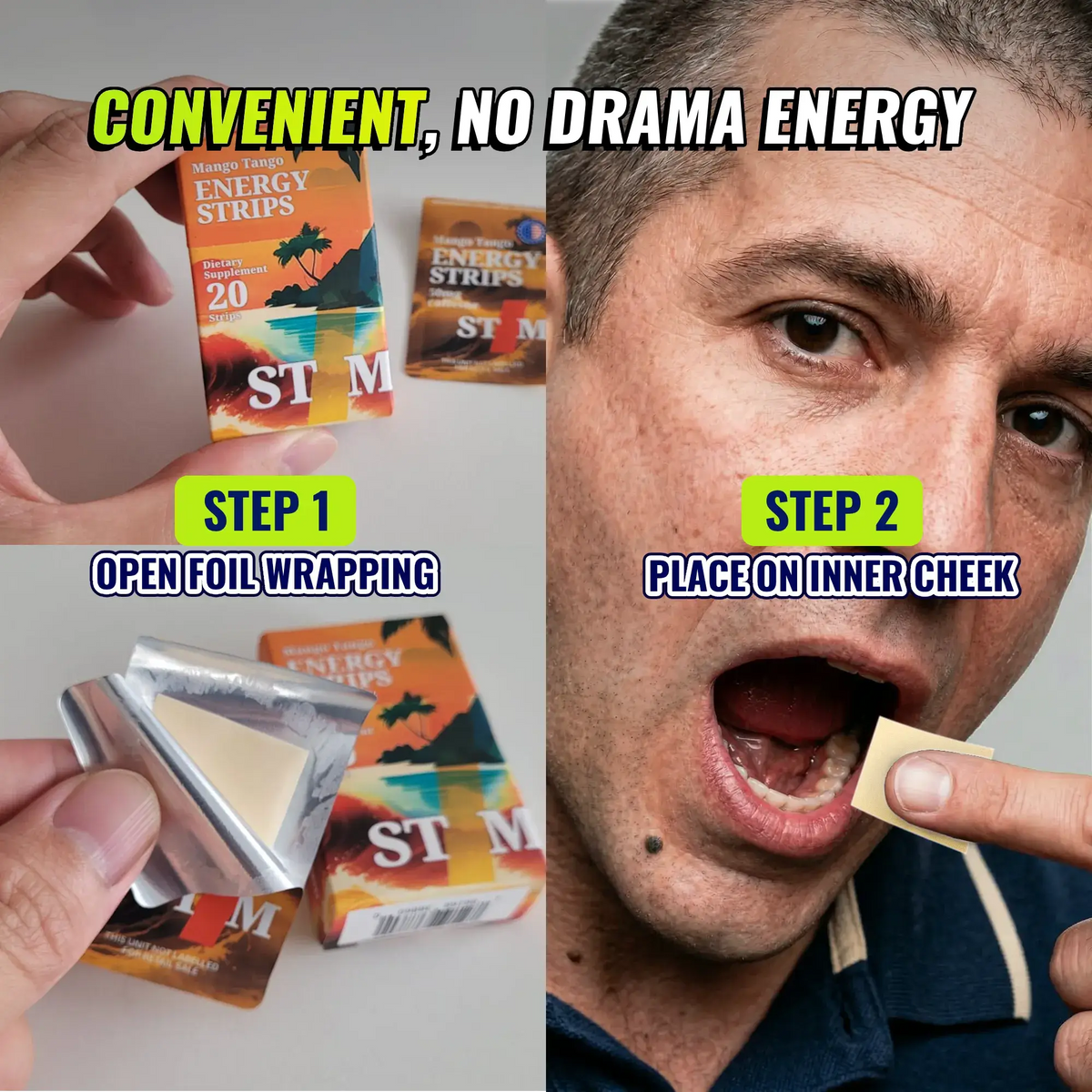 Instructions for using STIM Energy Strips, oral dissolving energy boosts in three flavors, shown on a step-by-step panel.