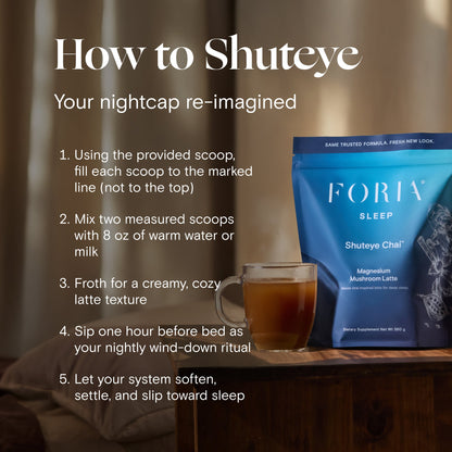 Foria Shuteye Chai Magnesium Mushroom Latte powder packet with instructions for use.