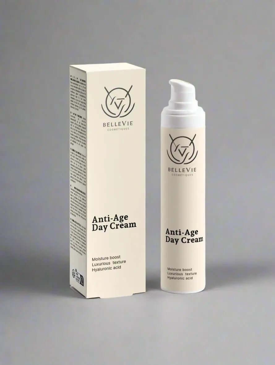 Belleviecosmetic anti-age day cream in a 50ml jar, hydrating face moisturizer with lifting, firming, and brightening effects for mature skin.