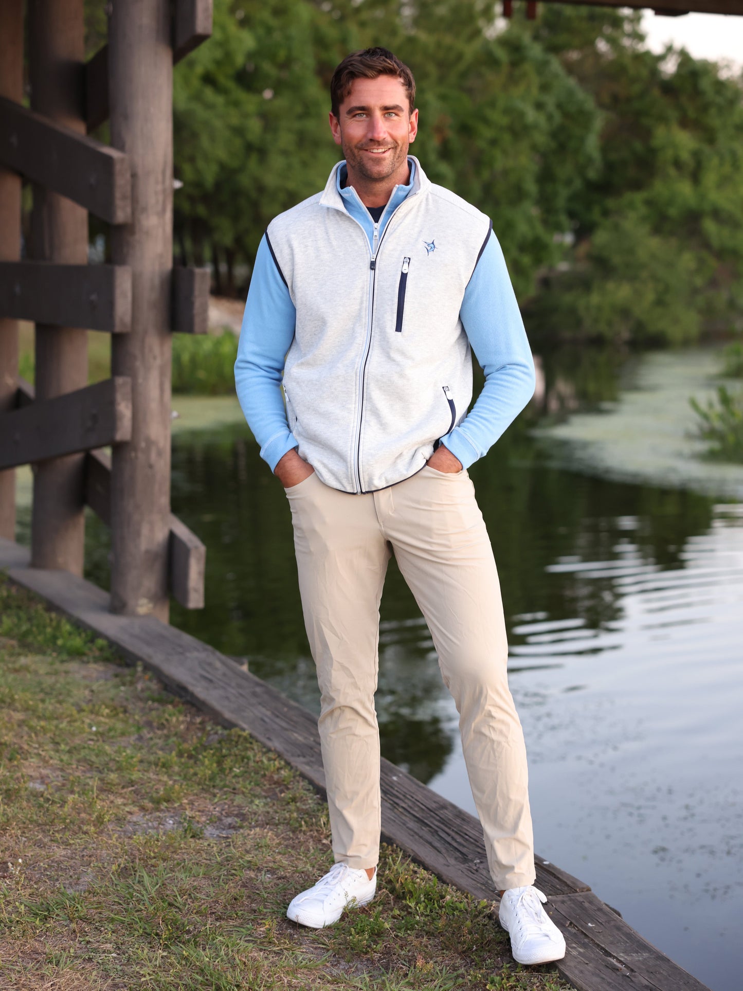 White Water Life Seaport Pants shown in a relaxed fit with adjustable drawstring waist and cargo pockets.