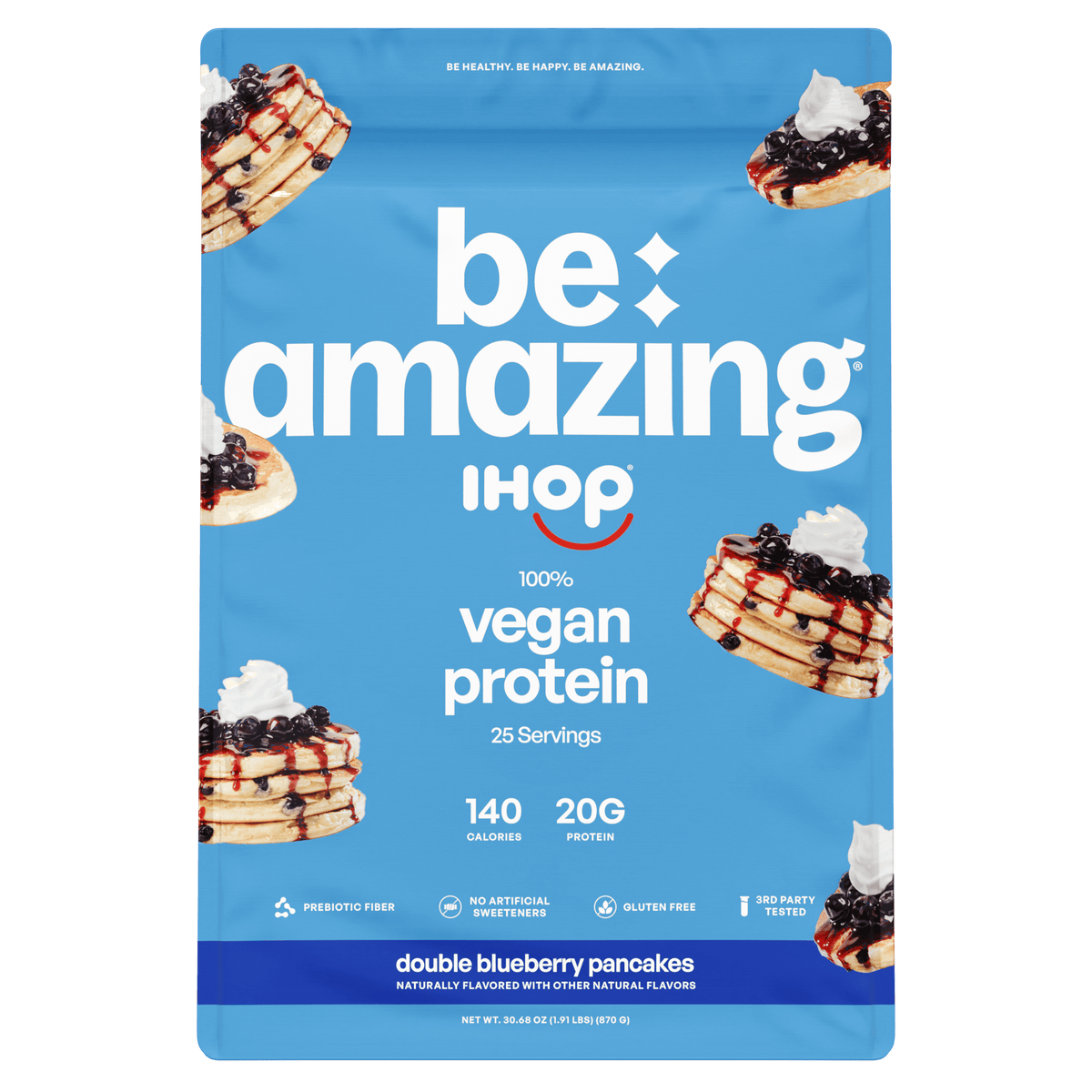 Be Amazing vegan protein powder with double blueberry flavor in a clear container, featuring blueberries and the product label.