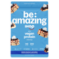 Be Amazing vegan protein powder with double blueberry flavor in a clear container, featuring blueberries and the product label.