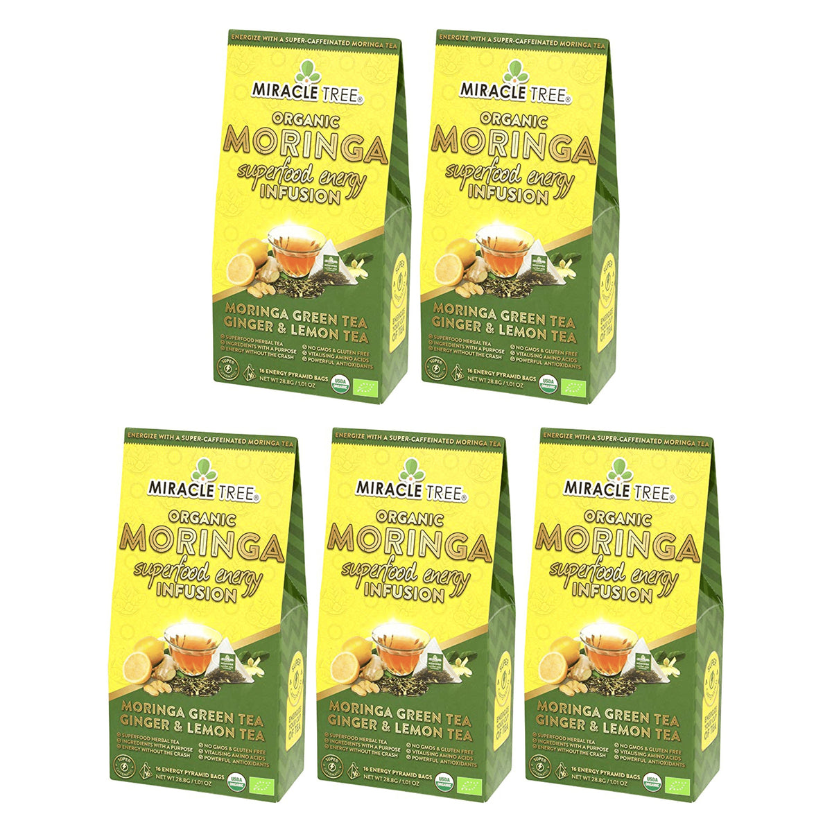 Organic Miracle Tree Moringa Energy Tea with ginger and lemon, natural coffee alternative in a ready-to-drink bottle