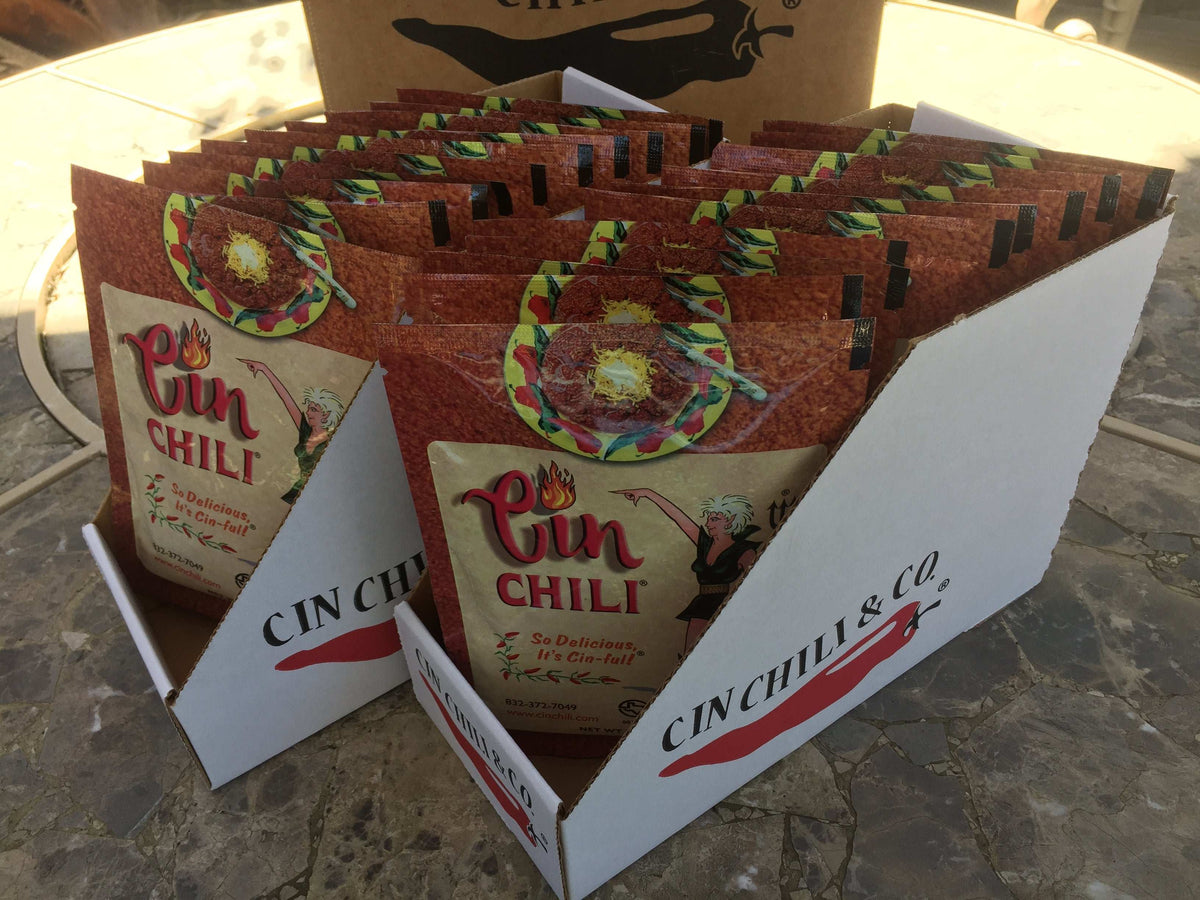 Cinderosa Ranch Cin Chili Seasoning Mix 24-pack, featuring spice blend in colorful packets on a white background.