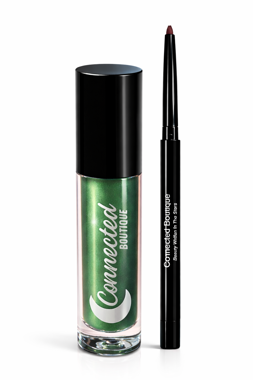 Close-up of a long-lasting lip stain and lip liner set with a wine and rind theme from Connected Boutique, featuring sleek packaging.