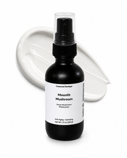 Connected Boutique Moonlit Mushroom Facial Moisturizer with snow mushroom and green tea, showing the product jar on a neutral background.