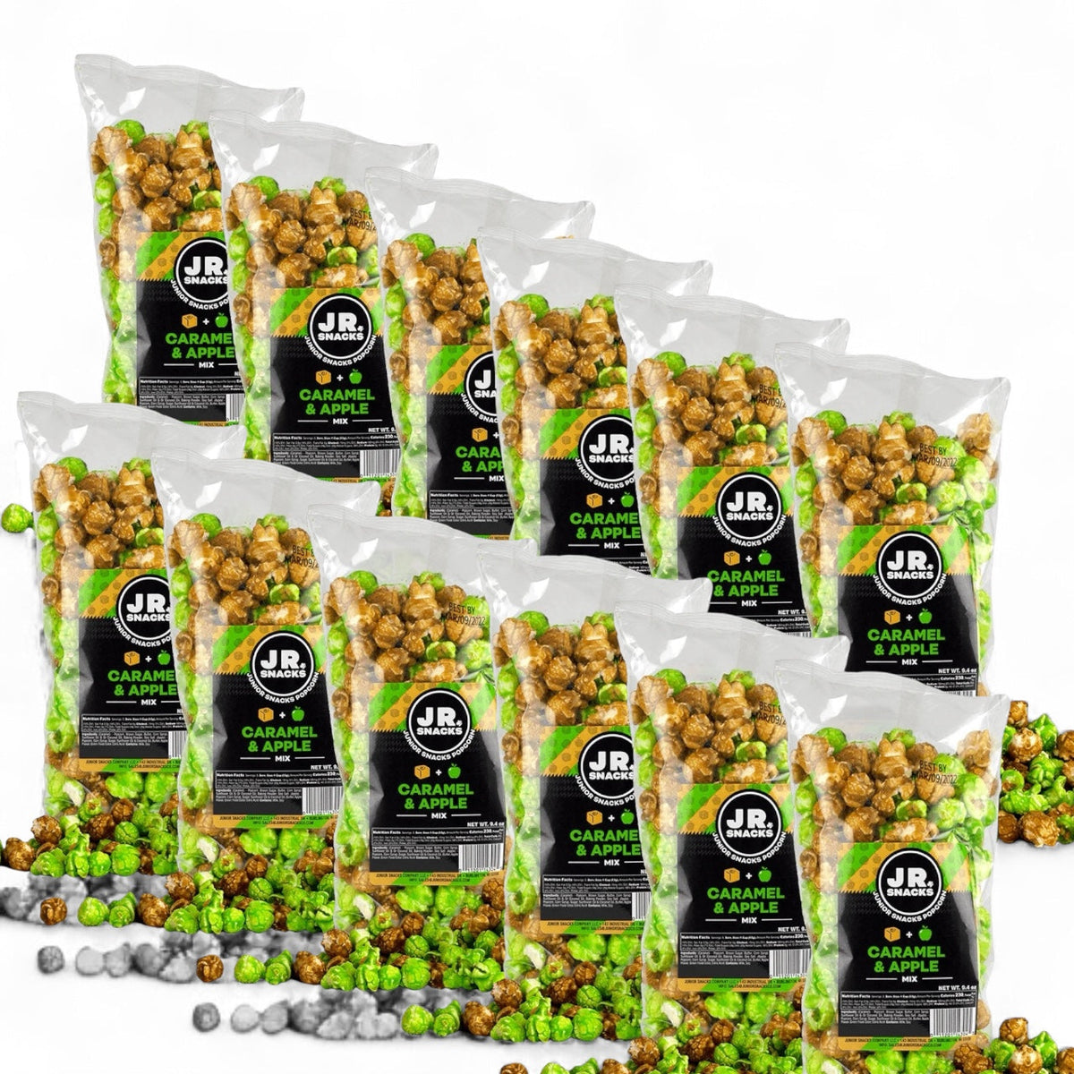 Junior Snacks Company caramel and apple snack pack featuring a colorful wrapper with caramel squares and apple slices.