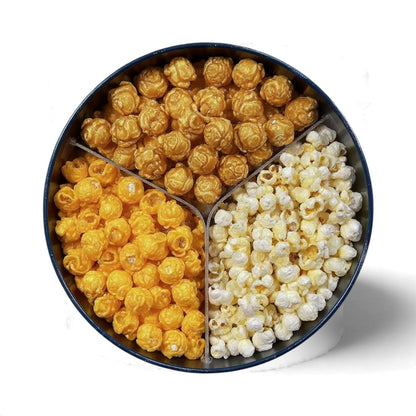 Junior Snacks Company holiday 2-gallon tin filled with assorted snack treats, festive packaging, and bright holiday design.