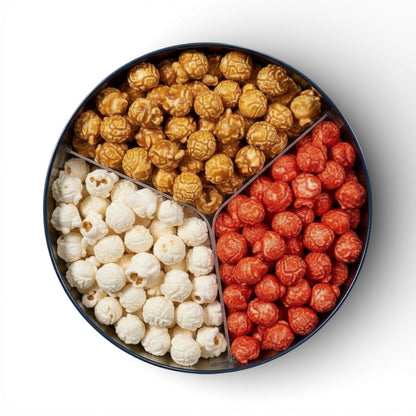 Junior Snacks Company holiday 2-gallon tins filled with assorted snack treats, decorated for festive celebration.