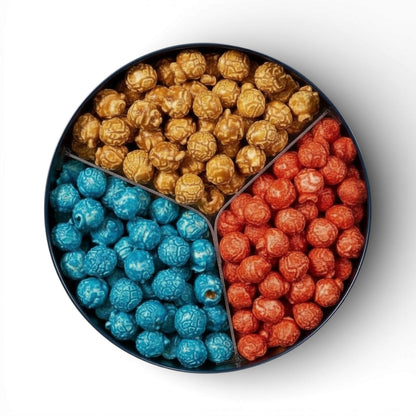 Junior Snacks Company holiday 2-gallon tins filled with assorted snack treats, festive packaging and colorful designs.