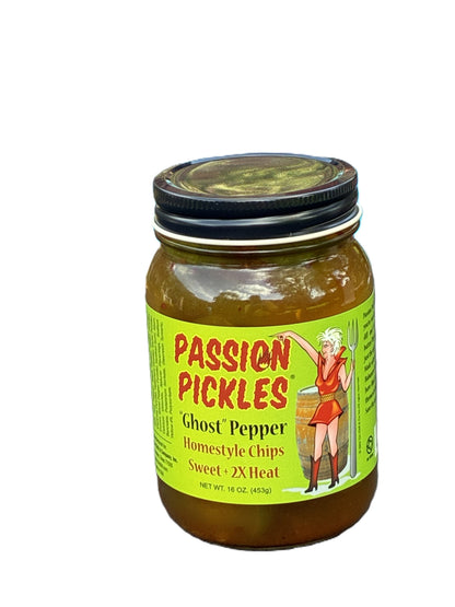 Cinderosa Ranch Passion Pickles® Ghost Pepper Homestyle Chips, spicy pickle slices in a jar, with vibrant peppers visible.
