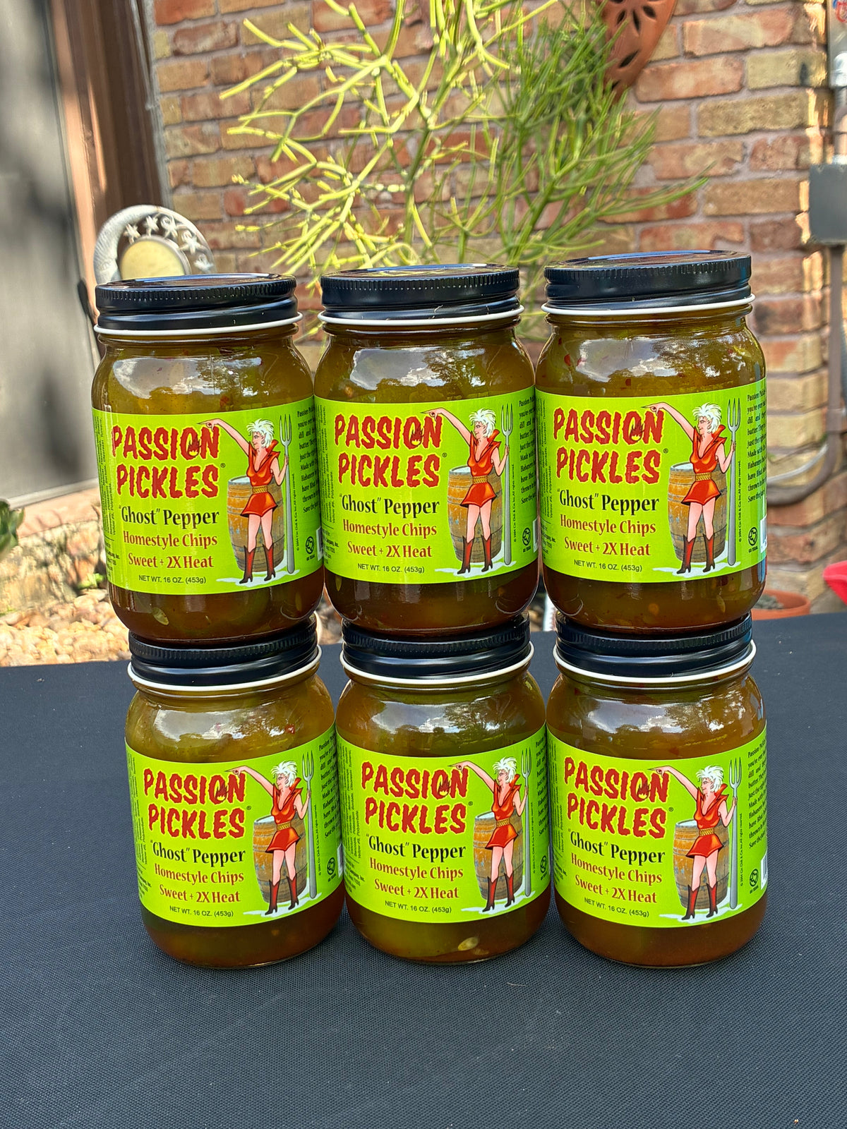 Cinderosa Ranch Passion Pickles® Ghost Pepper Homestyle Chips in a jar, showcasing spicy pickle slices with ghost pepper flavor.