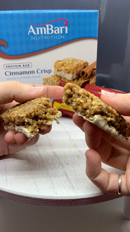 AmBari Nutrition Cinnamon Crisp Bars with crunchy texture and cinnamon flavor, displayed in a close-up image.