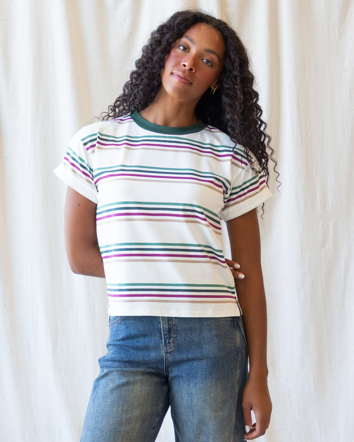 Downeast Fundamental Tee, casual cotton top, front view showing classic crew neckline and soft fabric texture.