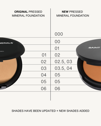 Pressed powder foundation by Saint Minerals, showcasing a compact with smooth, pressed mineral foundation for a natural finish.