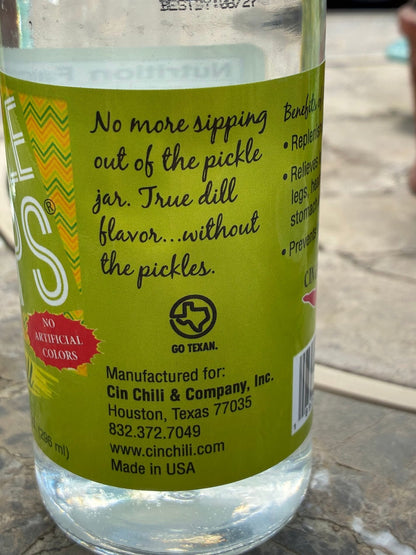 Cinderosa Ranch Pickle Sips Dill flavor in a 10 fl oz bottle, showing the product label and packaging.