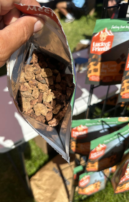 Beef liver dog treats by FOUNDATION Outdoors, showing shiny dried liver pieces in a clear bowl for healthy dog snacks.