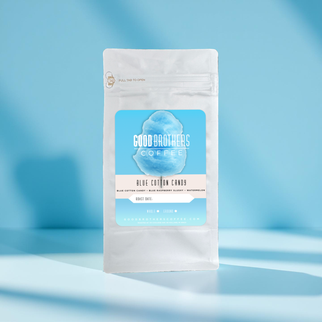 Blue cotton candy-flavored roasted coffee by Good Brothers Coffee LLC in a 1255.png image.