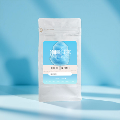 Blue cotton candy-flavored roasted coffee by Good Brothers Coffee LLC in a 1255.png image.