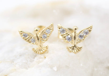 18K gold filled bird dove stud earrings with sparkling cubic zirconia stones by MIA Jewelry, featuring delicate bird design.
