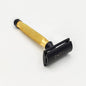Dural Heavy Stroud Head safety razor by Pasteur Pharmacy with golden and black finish, shown with leather pouch.