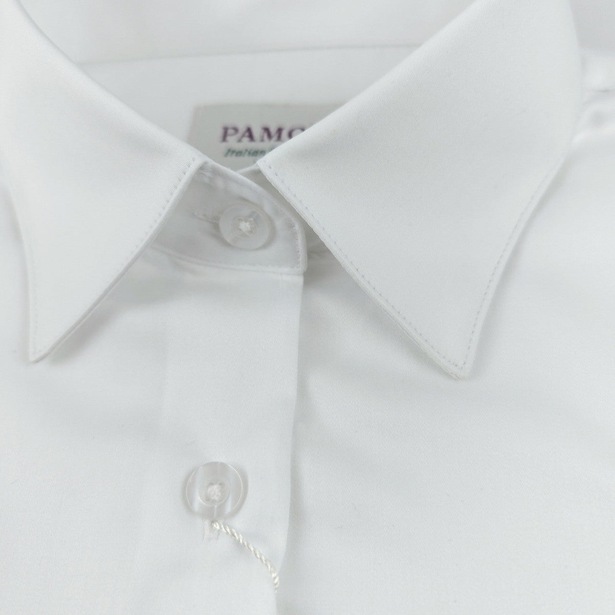 Women's classic white fitted shirt by PAMONI, shown on a hanger with a clean, tailored fit and crisp collar.