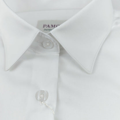 Women's classic white fitted shirt by PAMONI, shown on a hanger with a clean, tailored fit and crisp collar.