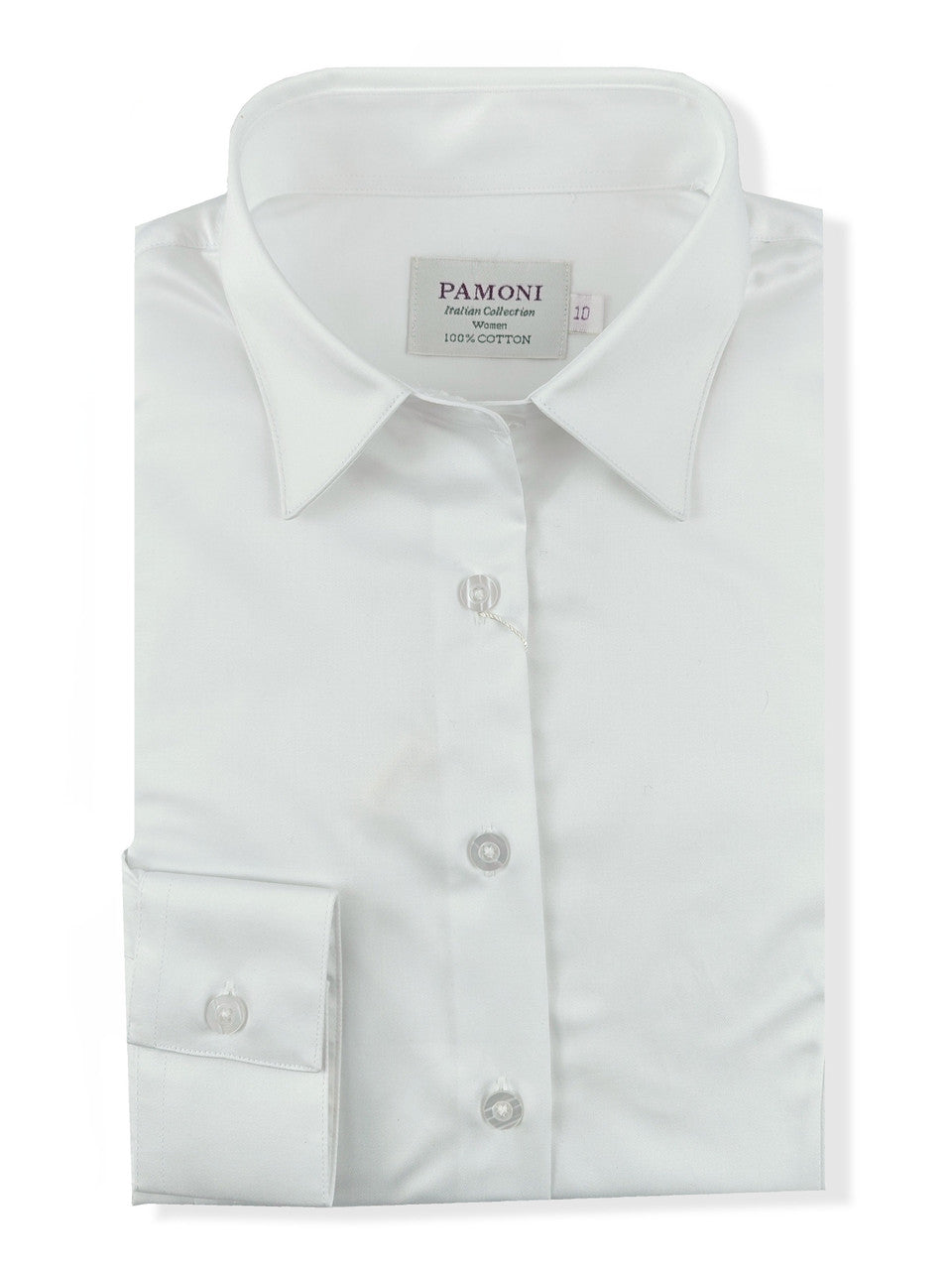Women's fitted white shirt by PAMONI, showcasing a classic, tailored design with a button-up front and collar.