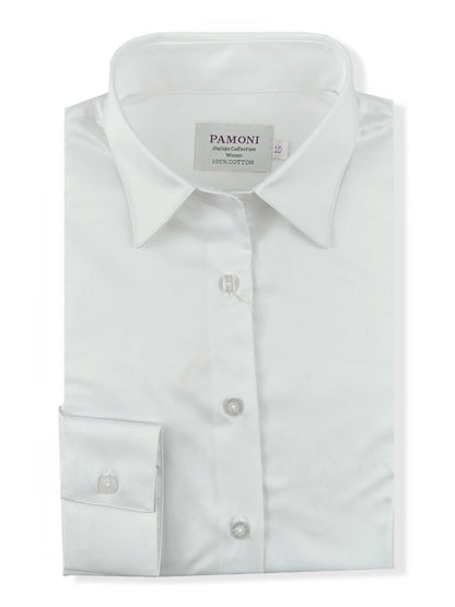 Women's fitted white shirt by PAMONI, showcasing a classic, tailored design with a button-up front and collar.