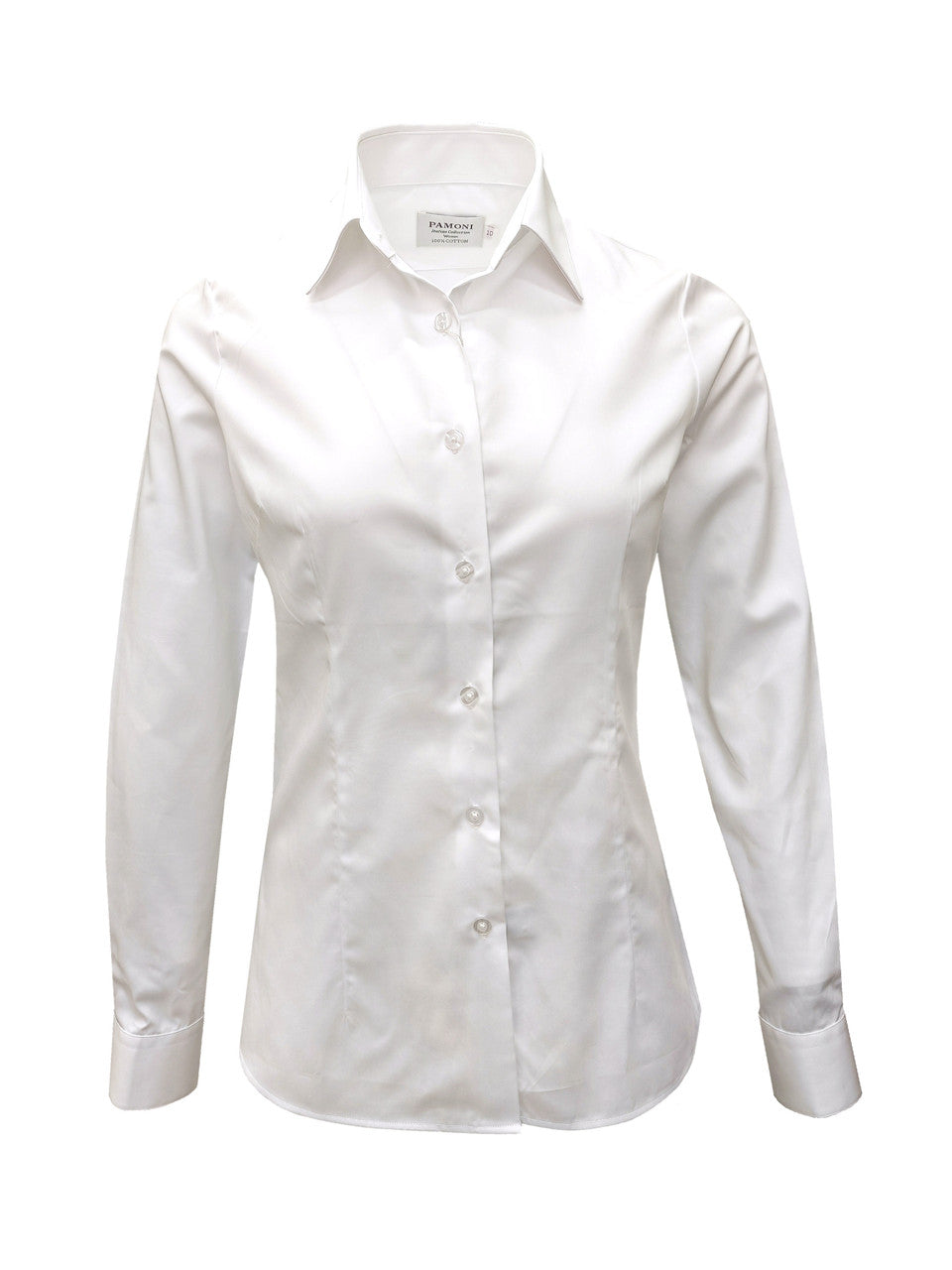 Women's white fitted shirt by PAMONI, showcasing a classic tailored design with a button-up front and collared neckline.