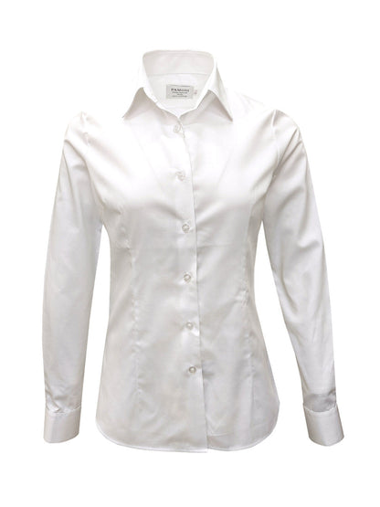 Women's white fitted shirt by PAMONI, showcasing a classic tailored design with a button-up front and collared neckline.