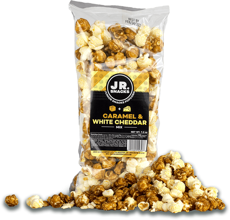 Junior Snacks Company caramel and white cheddar snack pack with colorful packaging and variety of crunchy snacks.