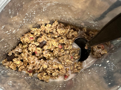 Dark chocolate berry granola from FOUNDATION Outdoors in a bowl, showing crunchy clusters with berries and chocolate chunks.