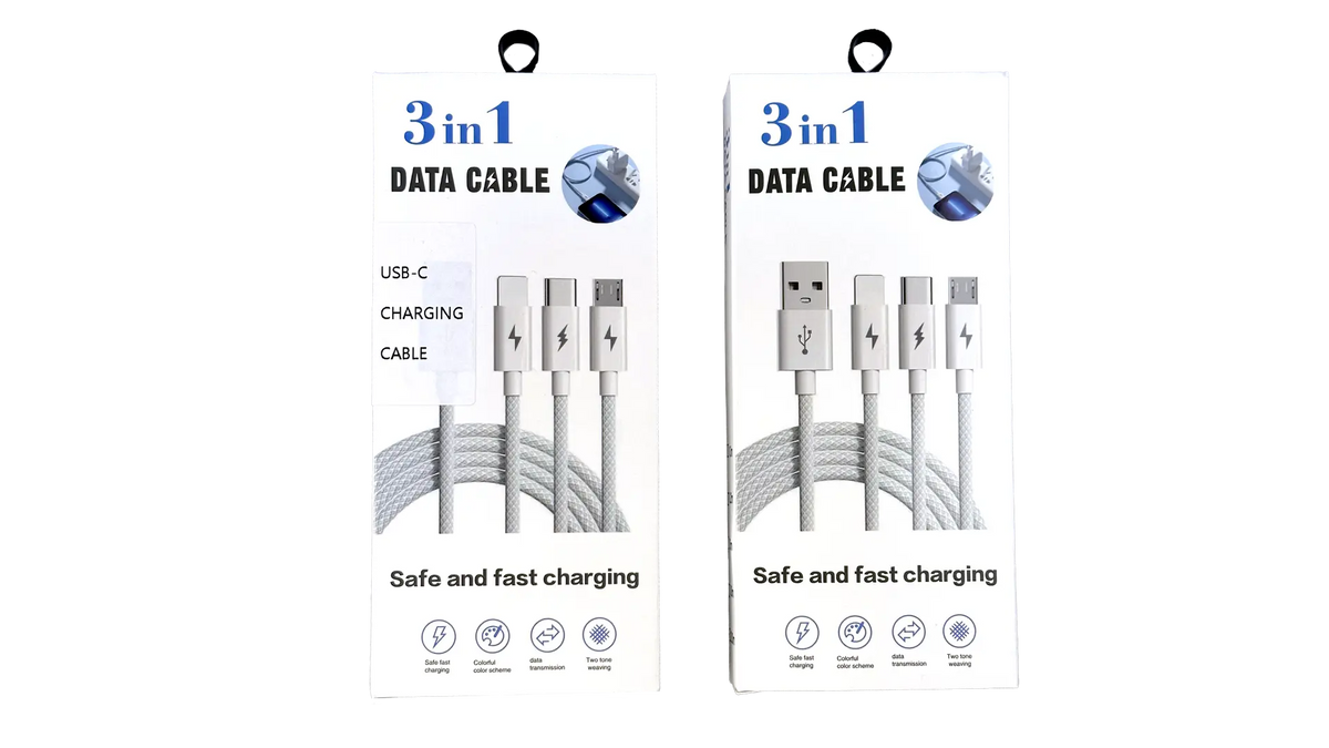 MedPat Solutions 3-in-1 braided charging cable with USB-A and USB-C ports, shown in a sleek packaging box.