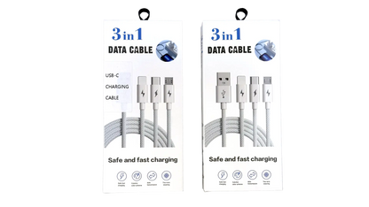 MedPat Solutions 3-in-1 braided charging cable with USB-A and USB-C ports, shown in a sleek packaging box.