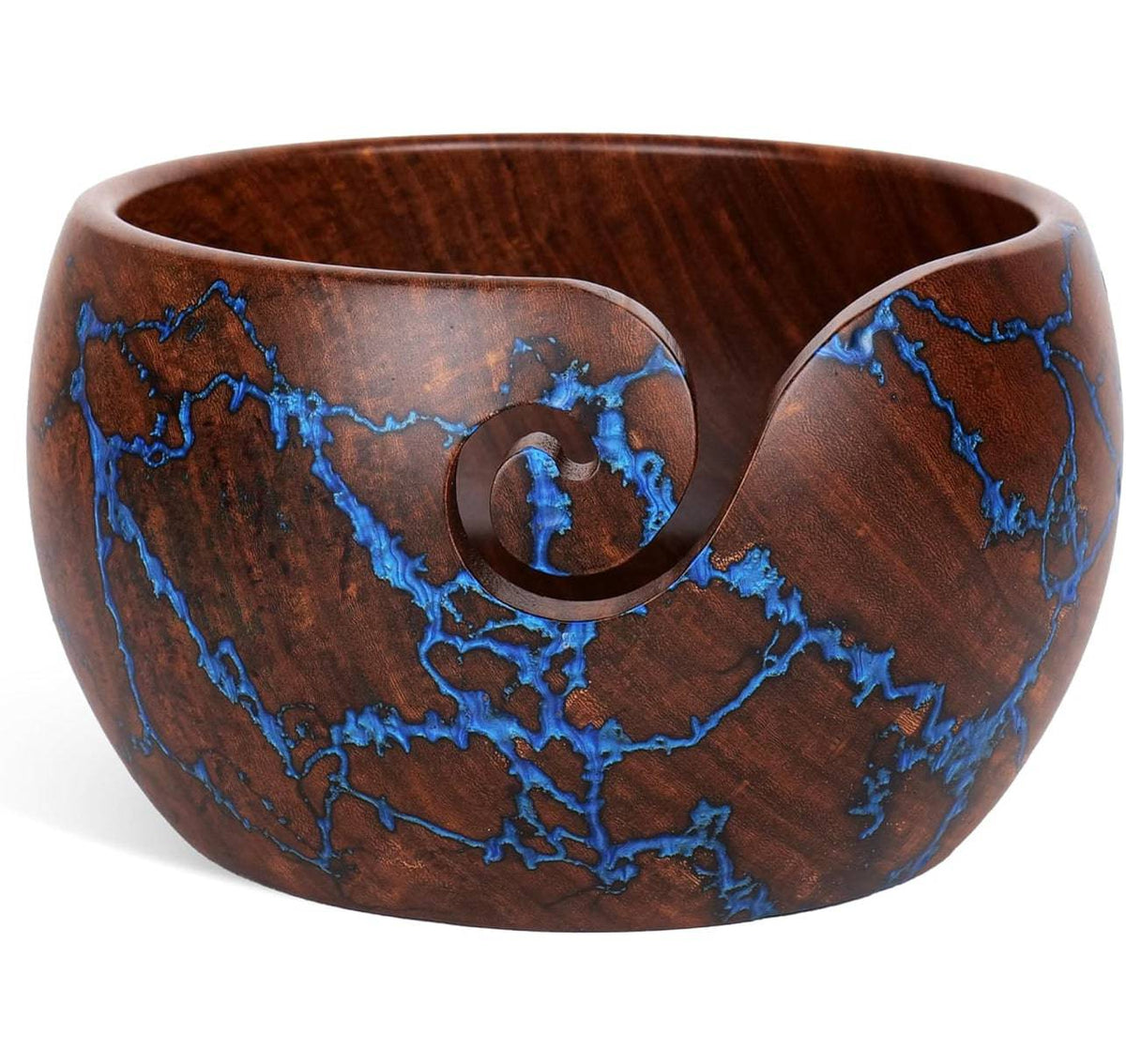 Handcrafted rosewood yarn bowl with resin accents from Darn Good Yarn, featuring smooth wood and colorful resin details.