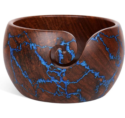 Handcrafted rosewood yarn bowl with resin accents from Darn Good Yarn, featuring smooth wood and colorful resin details.