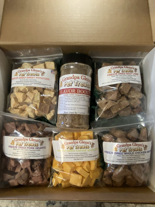 All-natural pet treat gift box from Artas'n Meats with assorted healthy treats for dogs.