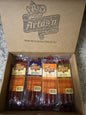 Artas'n Meats Mild 4 Beef Stick Pak in a gift box with four beef jerky sticks on a white background.